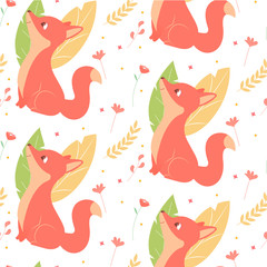 Seamless pattern with cute fox characters and foliage. Spring motives. Vector.