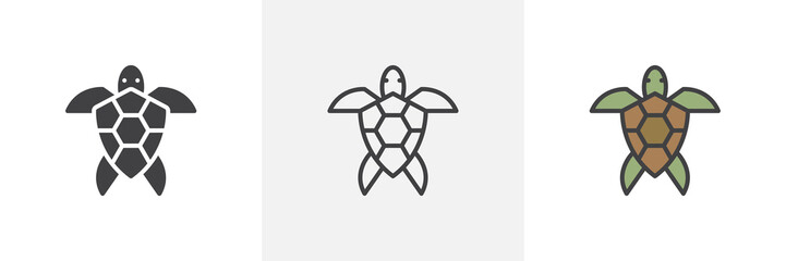 Sea turtle icon. Line, glyph and filled outline colorful version, Turtle animal top view outline and filled vector sign. Symbol, logo illustration. Different style icons set. Vector graphics
