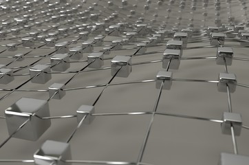 Gray wireframe metallic cubes mesh with ball wave landscape abstract background. Big data 3d illustration.