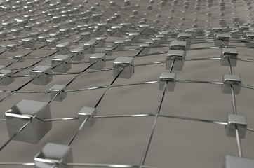 Fototapeta premium Gray wireframe metallic cubes mesh with ball wave landscape abstract background. Big data 3d illustration.