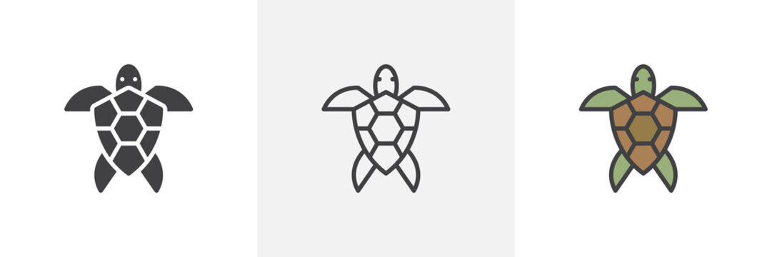 Sea turtle icon. Line, glyph and filled outline colorful version, Turtle animal top view outline and filled vector sign. Symbol, logo illustration. Different style icons set. Vector graphics