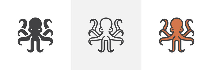 Octopus, mollusk icon. Line, glyph and filled outline colorful version, octopus sea animal outline and filled vector sign. Symbol, logo illustration. Different style icons set. Vector graphics