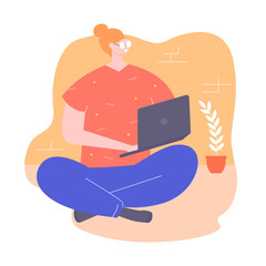 Young woman character sitting on the floor with a laptop. Freelance, remote online work and online training. Vector illustration.