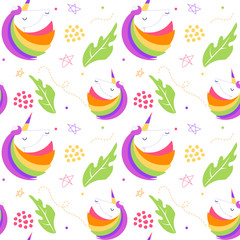 Obraz premium Unicorn seamless pattern. Rainbow mane and horn. Bright colorful vector illustration.