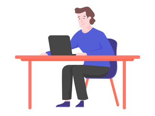 Fototapeta na wymiar Young man is siting at a desk in front of a laptop. Freelance, remote work and in the office. Vector illustration on white background.