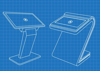 Blueprint of Two Promotional Interactive Information Kiosk, Advertising Display, Terminal Stand, Touch Screen Display. Mock Up Template.