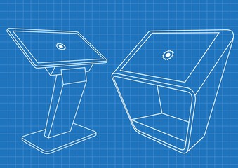 Blueprint of Two Promotional Interactive Information Kiosk, Advertising Display, Terminal Stand, Touch Screen Display. Mock Up Template.