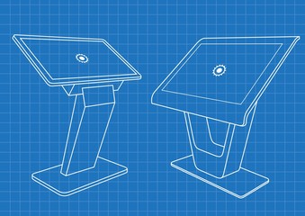Blueprint of Two Promotional Interactive Information Kiosk, Advertising Display, Terminal Stand, Touch Screen Display. Mock Up Template.