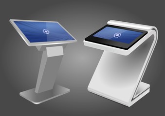 Two Promotional Interactive Information Kiosk, Advertising Display, Terminal Stand, Touch Screen Display. Mock Up Template.