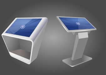 Two Promotional Interactive Information Kiosk, Advertising Display, Terminal Stand, Touch Screen Display. Mock Up Template.
