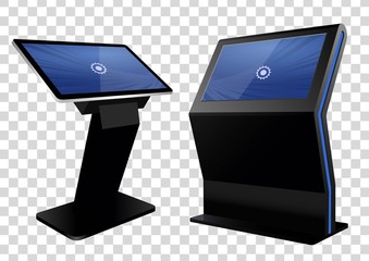 Two Promotional Interactive Information Kiosk, Advertising Display, Terminal Stand, Touch Screen Display isolated on transparent background. Mock Up Template.