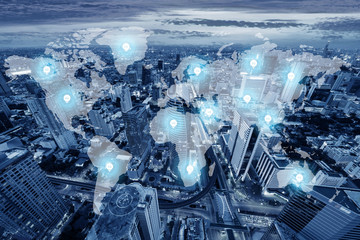 5G technology connectivity in the city world communication background in blue tone.