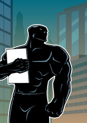 Superhero Holding Book in City Vertical Silhouette