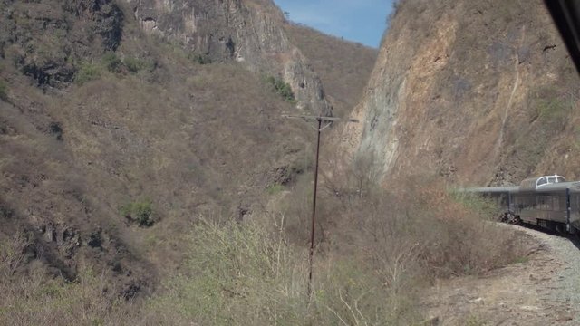 View of the Cheep train passing through a big canon, Barrancas del Cobre, Chihuahua, Mexico.