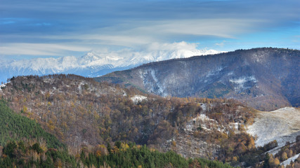 Fagaras Mountains covered in snow in late Autumn