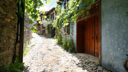 Historic Narrow Street with Ottoman Houses in a Turkish Village Cumalikizik Bursa Turkey	