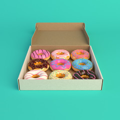 Donut box isolated on mint background 3d-illustration