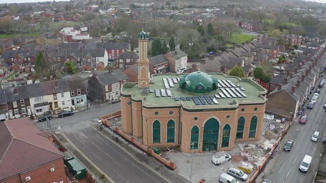 Aerial view of Gilani Noor Mosque in Longton, Stoke on Trent, Staffordshire, the new Mosque being built for the growing muslim community to worship and congregate