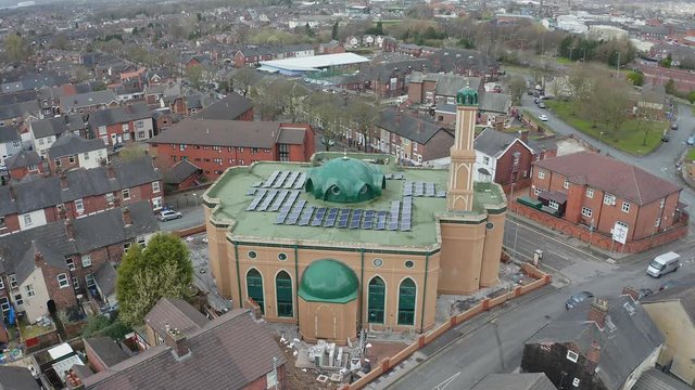 Aerial view of Gilani Noor Mosque in Longton, Stoke on Trent, Staffordshire, the new Mosque being built for the growing muslim community to worship and congregate
