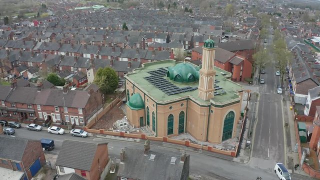 Aerial view of Gilani Noor Mosque in Longton, Stoke on Trent, Staffordshire, the new Mosque being built for the growing muslim community to worship and congregate