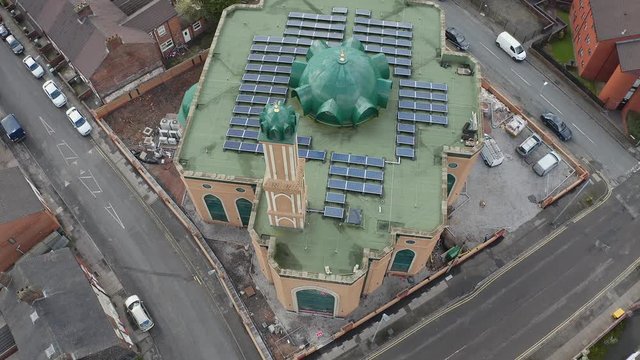Aerial view of Gilani Noor Mosque in Longton, Stoke on Trent, Staffordshire, the new Mosque being built for the growing muslim community to worship and congregate