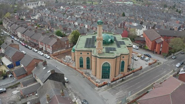Aerial view of Gilani Noor Mosque in Longton, Stoke on Trent, Staffordshire, the new Mosque being built for the growing muslim community to worship and congregate