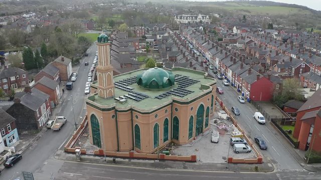 Aerial view of Gilani Noor Mosque in Longton, Stoke on Trent, Staffordshire, the new Mosque being built for the growing muslim community to worship and congregate
