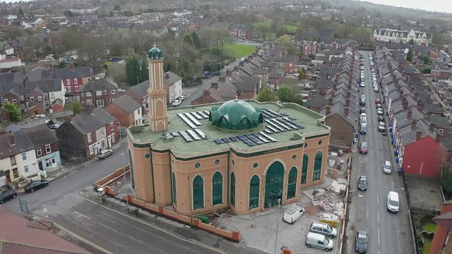 Aerial view of Gilani Noor Mosque in Longton, Stoke on Trent, Staffordshire, the new Mosque being built for the growing muslim community to worship and congregate
