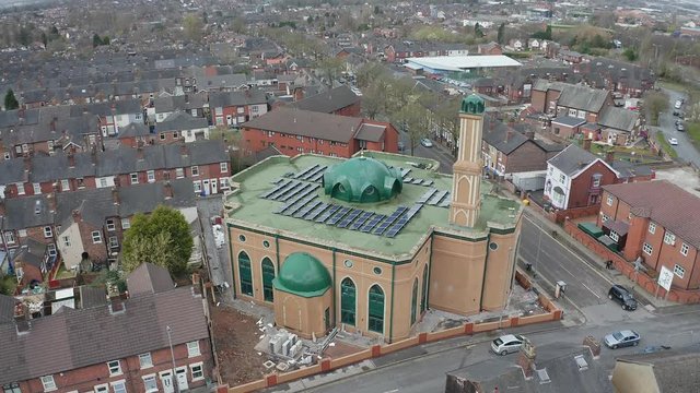 Aerial view of Gilani Noor Mosque in Longton, Stoke on Trent, Staffordshire, the new Mosque being built for the growing muslim community to worship and congregate