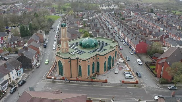 Aerial view of Gilani Noor Mosque in Longton, Stoke on Trent, Staffordshire, the new Mosque being built for the growing muslim community to worship and congregate