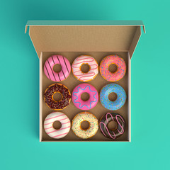 Donut box isolated on mint background 3d-illustration top view