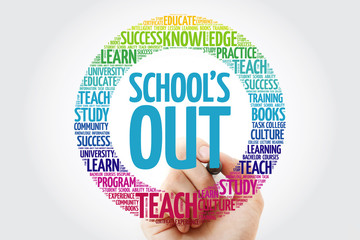 School's Out word cloud collage with marker, education concept background