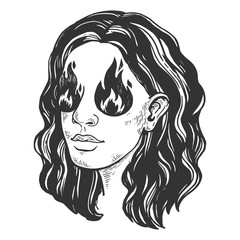Sexy beauty girl with fire instead her eyes vintage sketch engraving vector illustration. Scratch board style imitation. Black and white hand drawn image.