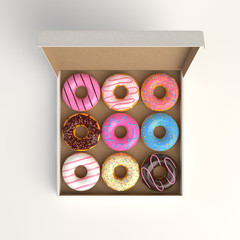 Donut box isolated on white background 3d-illustration top view