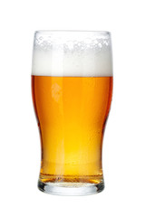 Single glass of beer close up isolated on white background