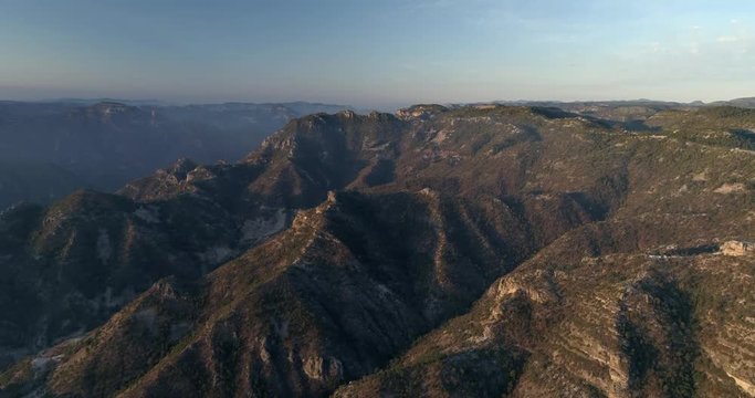 Aerial drone shot of the Urique Canyon at sunrise in Divisadero, Copper Canyon Region, Chihuahua