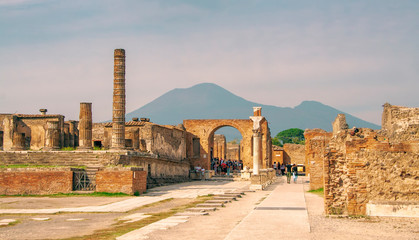 Ruins of Pompeii with Mount Vesuvius, near Naples. One of the main tourist attractions in Italy. - obrazy, fototapety, plakaty