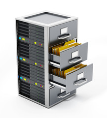 File cabinet combined with network server. 3D illustration