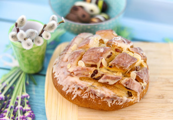 easter bread bakery on decorated easter table, background with copy space