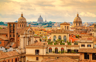 Aerial panoramic cityscape of Rome, Italy, Europe. Roma is the capital of Italy. Cityscape of Rome in summer. Rome roofs view with ancient architecture in Italy. Rome architecture and landmark. - obrazy, fototapety, plakaty