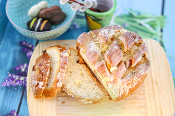 easter bread bakery on decorated easter table, background with copy space