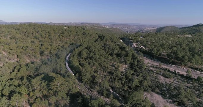 Pull back shot of the Chepe train passing though a forest, Divisadero, Copper Canyon Region, Chihuahua