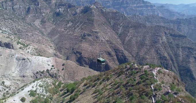 Aerial shot of a cable car in the Urique Canyon in Divisadero, Copper Canyon Region, Chihuahua.