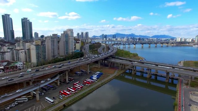 Korea, Seoul, Hangdang Dron View, Samdong, Cheongdam Bridge, Cars