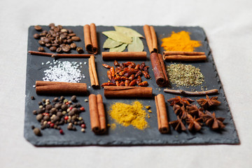 Spices on a black board: cinnamon, anise, pepper, pili pili, salt, curcuma, curry, laurier, coffee, provence herbs mix. Rustic style, aroma, spicy diversity for delicious and healthy home cuisine
