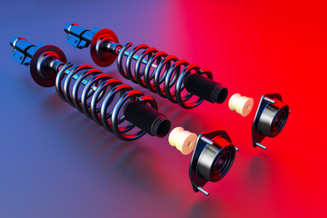 Passenger car Shock Absorber with dust cap, buffer mounting and strut mounting - new auto parts, spare parts. Spare parts for shop, aftermarket OEM. 3D rendering. - obrazy, fototapety, plakaty