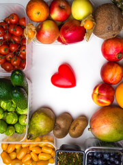 Healthy food to heart and cholesterol diet concept on white boards