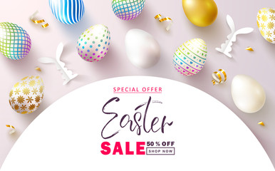 Fototapeta na wymiar Happy Easter Sale banner.Beautiful Background with colorful eggs, paper bunnies and golden serpentine. Vector illustration for website , posters,ads, coupons, promotional material