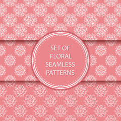 Pink and white floral seamless patterns. Compilation of designs with flowers