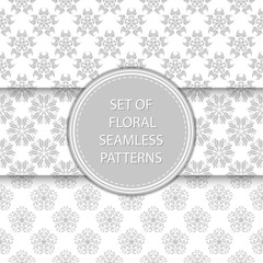 Floral seamless patterns compilation. Gray designs on white backgrounds